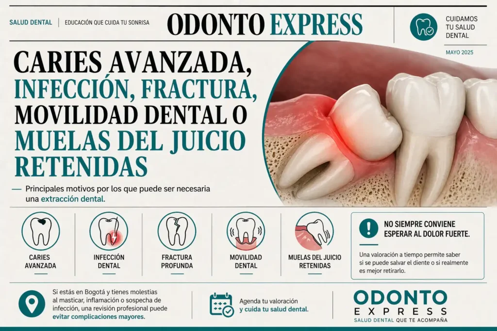 Caries avanzada, infección, fractura, movilidad dental o muelas del juicio retenidas . extraccion dental