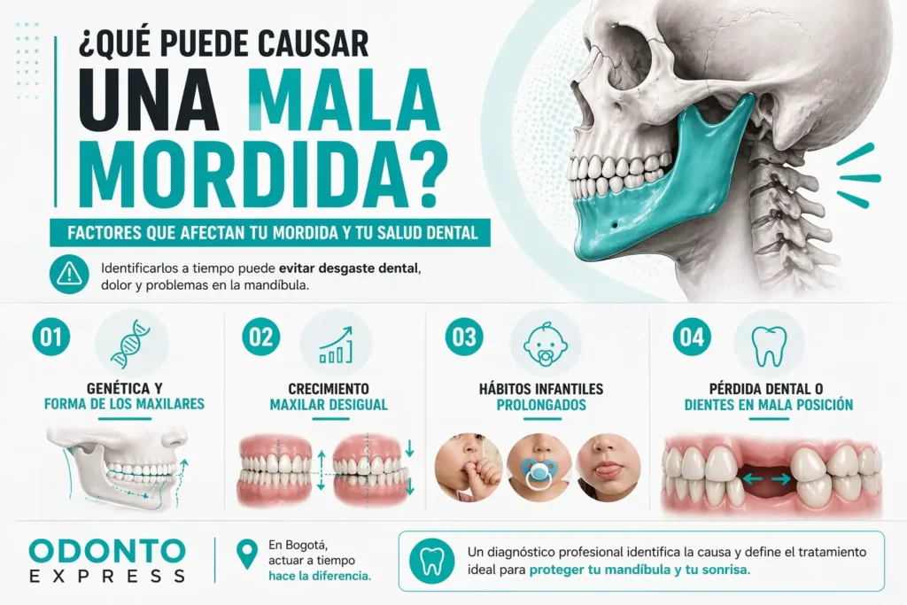 mordida desalineada , Genética, crecimiento maxilar, hábitos infantiles y pérdida dental