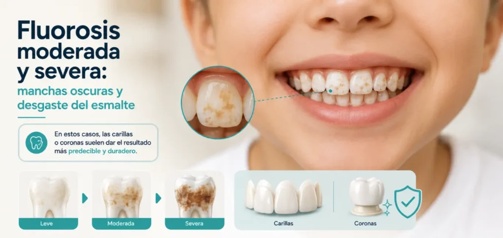 Fluorosis moderada y severa- manchas oscuras y desgaste del esmalte