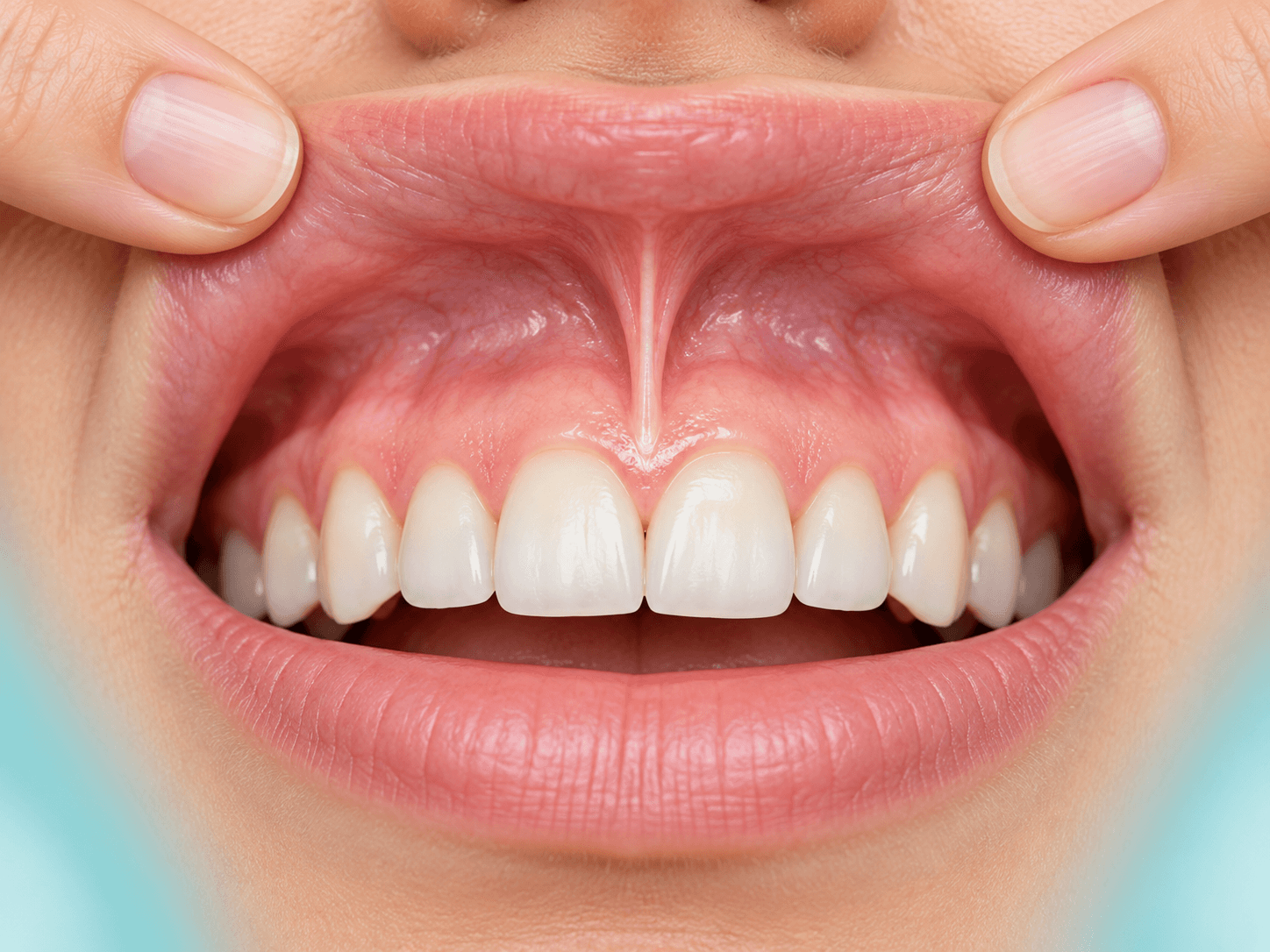 Ilustración clínica del frenillo labial superior que conecta el labio con la encía
