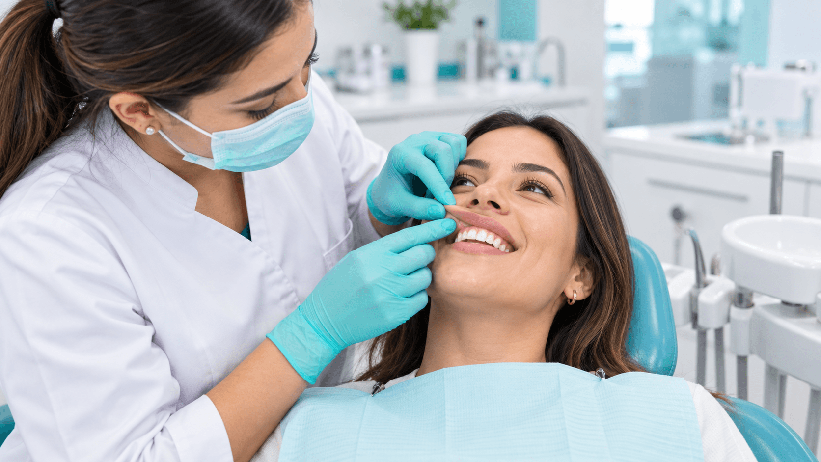 Odontóloga revisa con suavidad el labio superior de una paciente