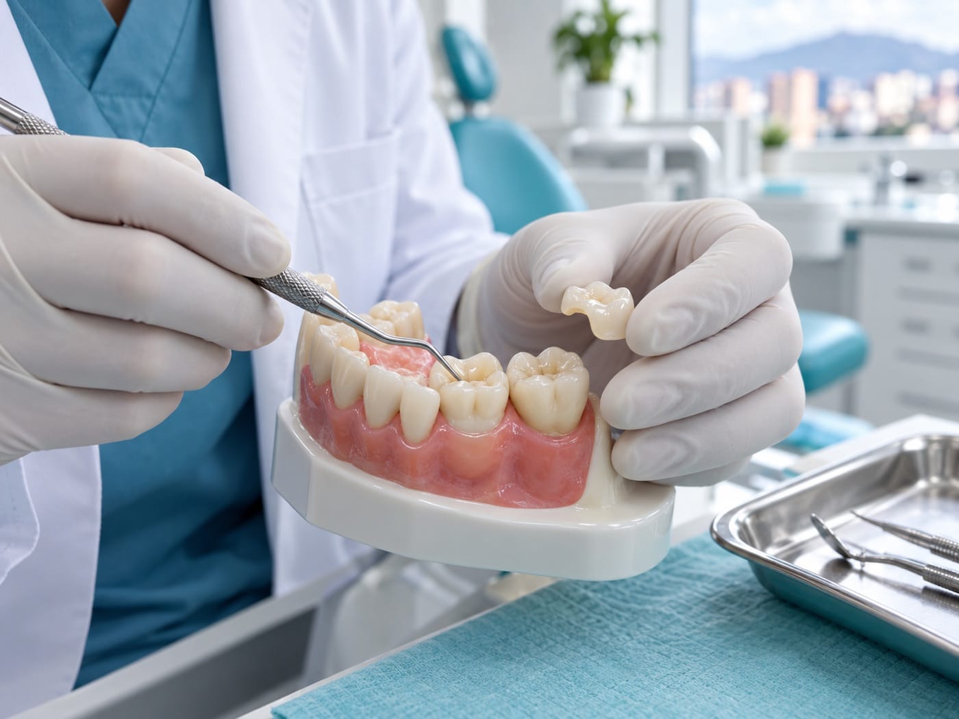 Odontólogo comprueba el ajuste de una incrustación dental sobre un modelo de muela.