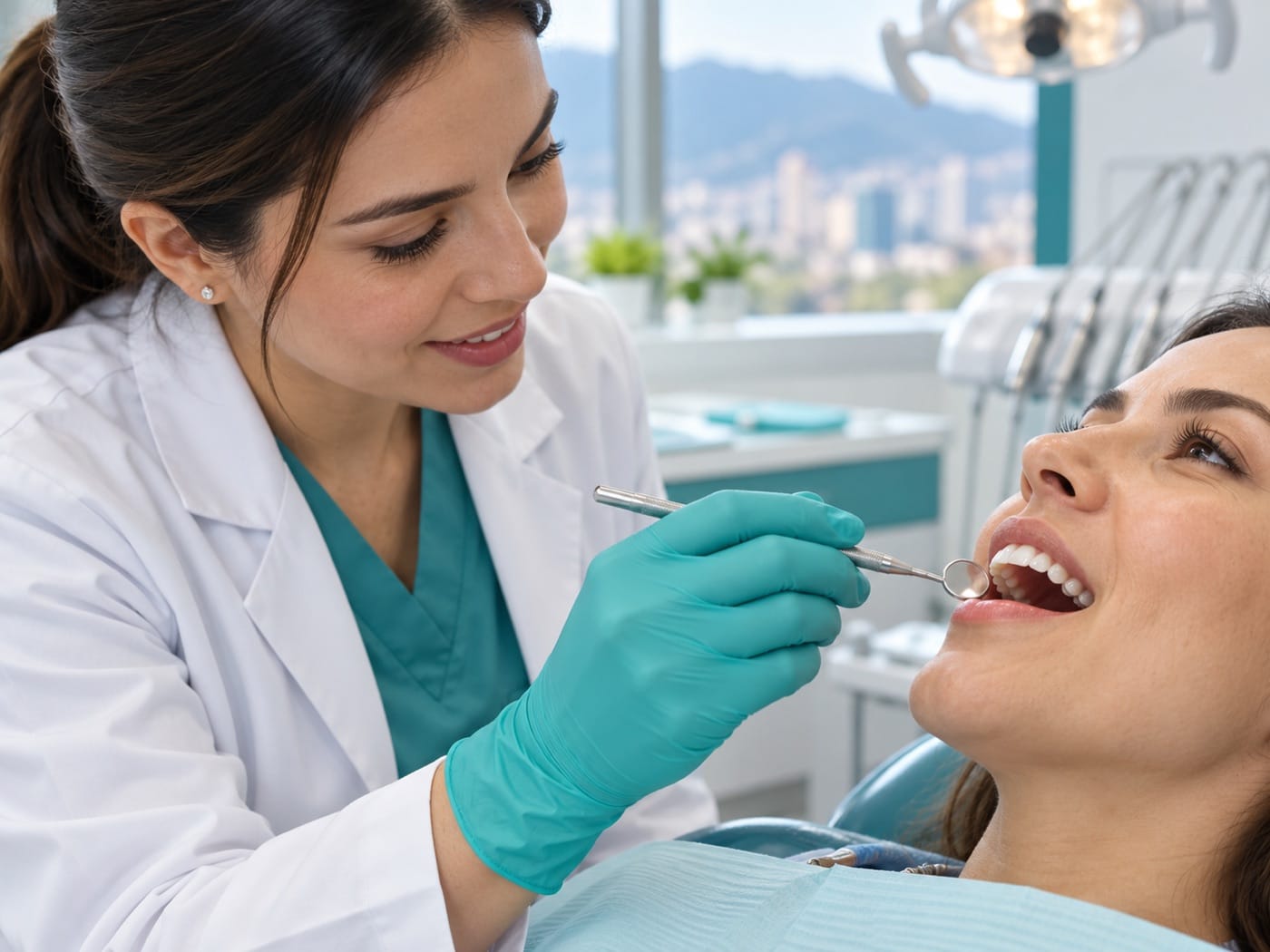 Odontóloga revisa la mordida de una paciente durante la valoración de una restauración dental.