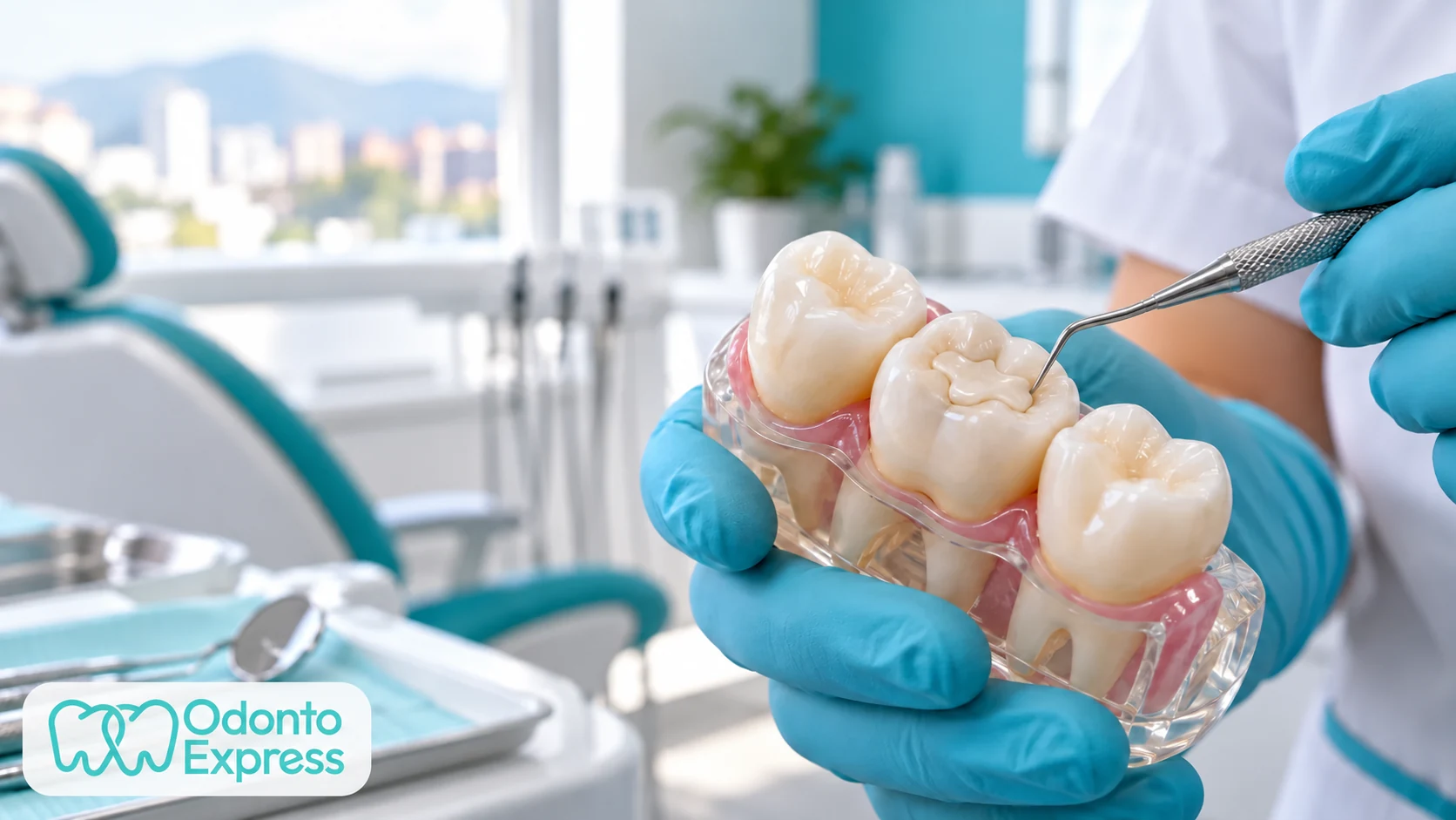 Modelo de muela con incrustación dental parcial y logo de Odonto Express