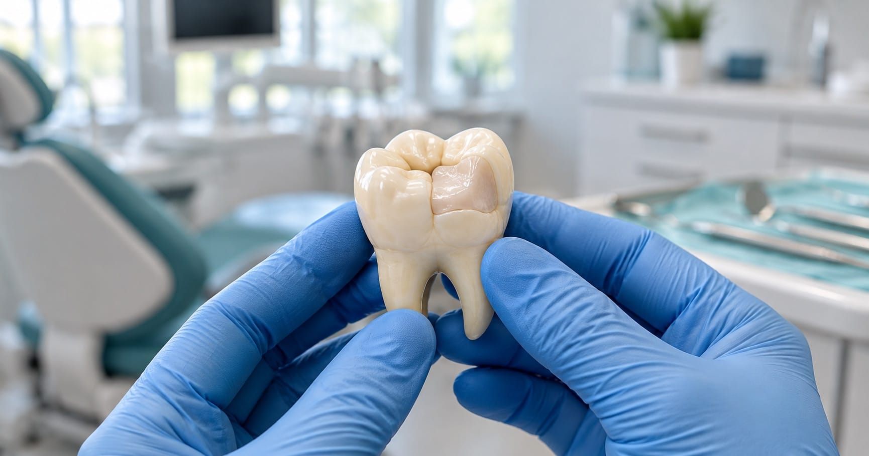 Odontólogo sostiene una muela con una incrustación dental en una clínica