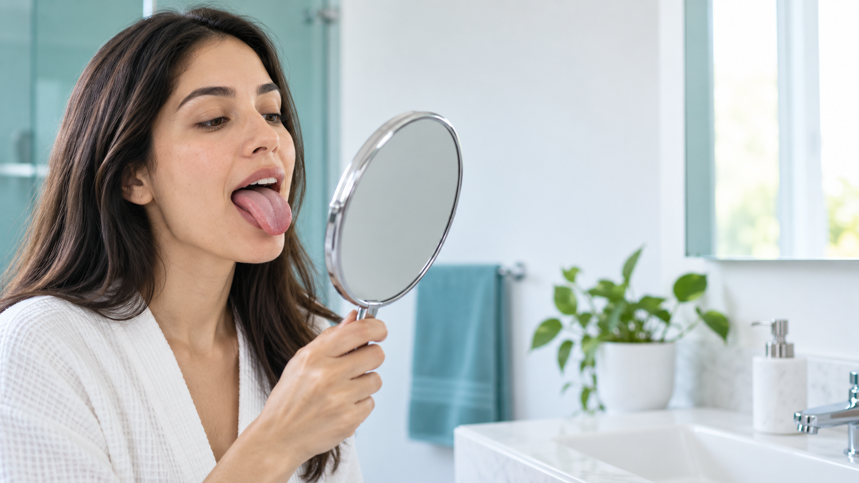 Persona adulta observa la lengua amarilla frente a un espejo