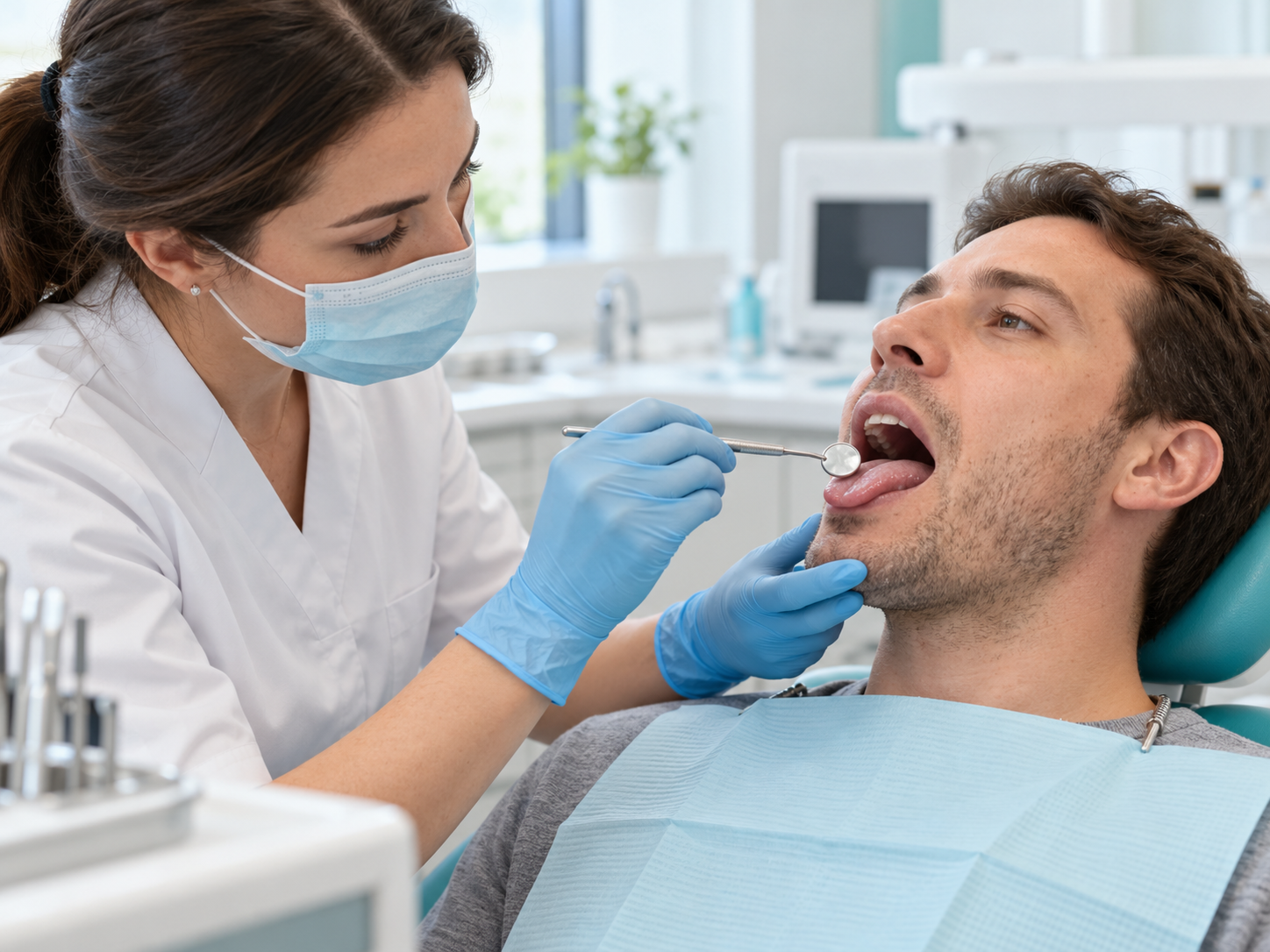 Odontóloga examina con cuidado la lengua de una paciente adulta
