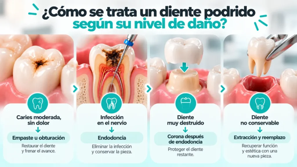 Como se trata un diente podrido segun su nivel de daño